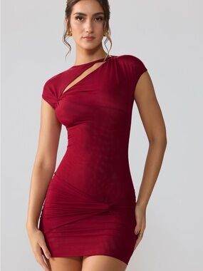 OH POLLY Aurelia Sheer Mesh Twist-Front Cutout Bodycon Dress Burgundy Size M/L